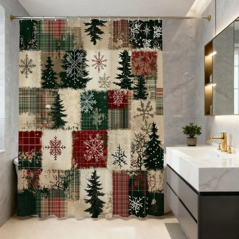 Christmas Shower Curtain Snowman Gingerbread Man Santa Xmas Tree Reindeer Waterproof Bath Curtain Holiday Decor w Hook