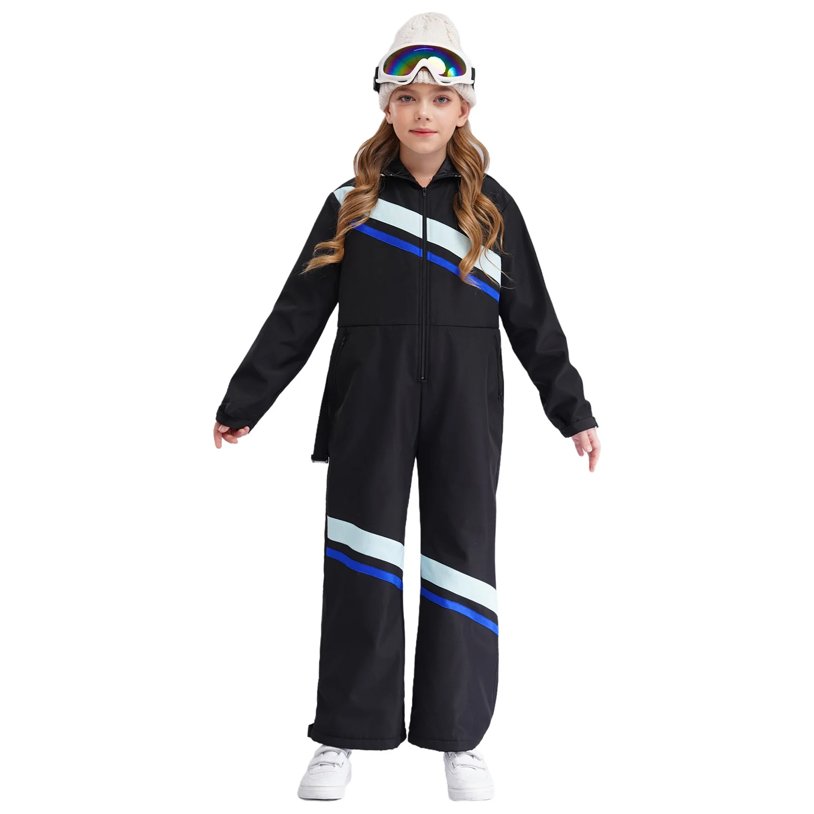 Kids Girls Ski Hooded Skating Dance Jumpsuit Costumes Long Sleeve with Belt Skiing Camping Snowboarding Mountaineering Costumes