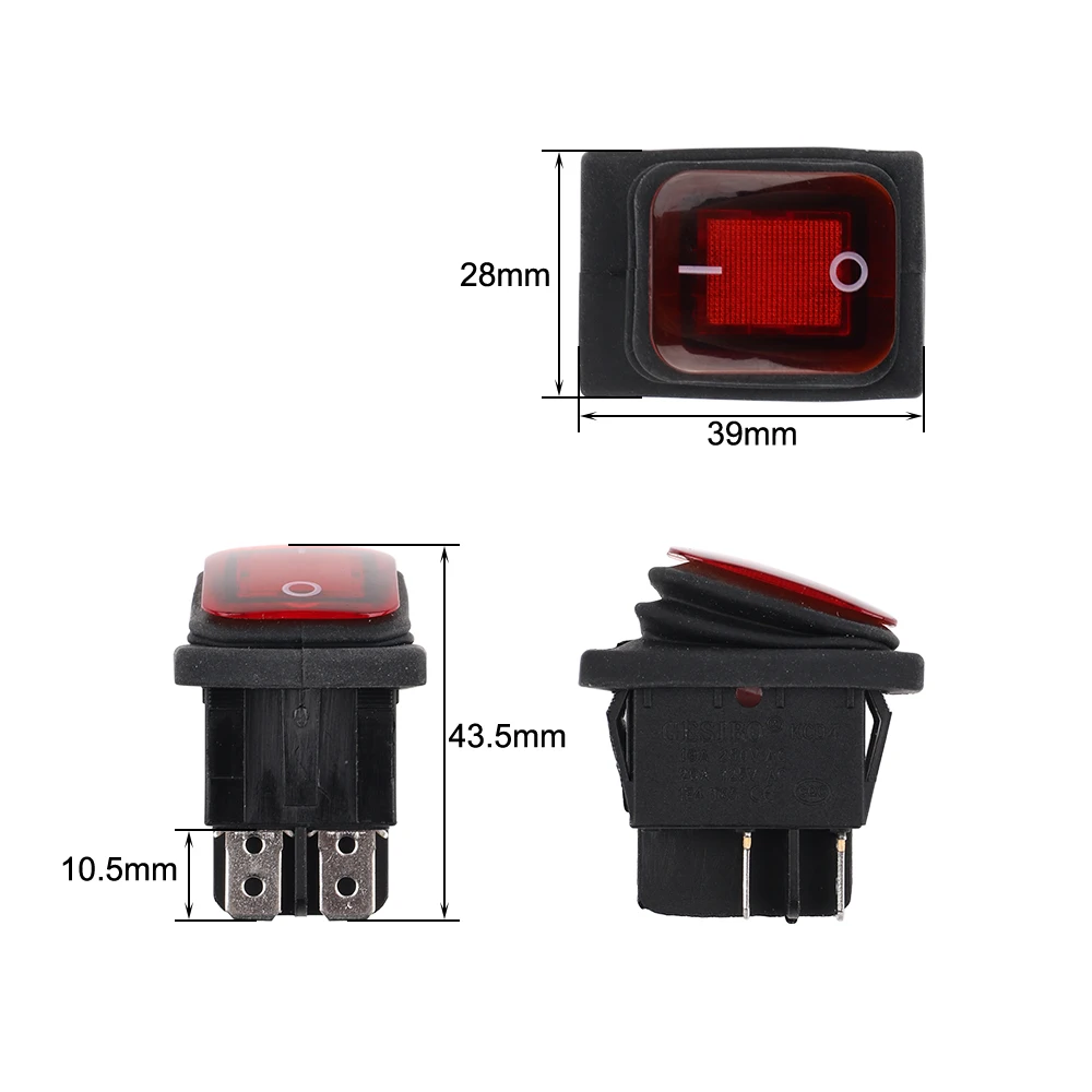 KCD4-201N Interruptor oscilante à prova d'água 4 pinos IP65 16A/250VAC 20A/125VAC Tamanho de abertura 22X30mm Contatos prateados Vermelho Azul Preto