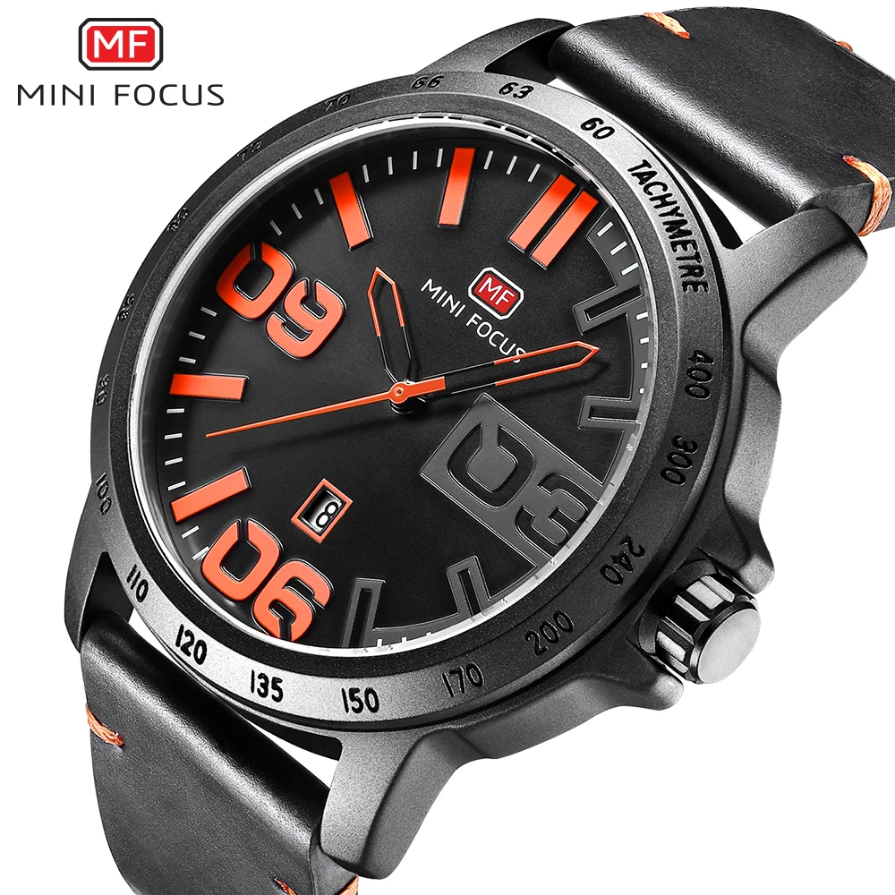 MINI FOCUS Sports Watches for Men Fashion Big Number Dial Calendar Casual Leather Strap Luxury Quartz Waterproof Mens Watch 0169