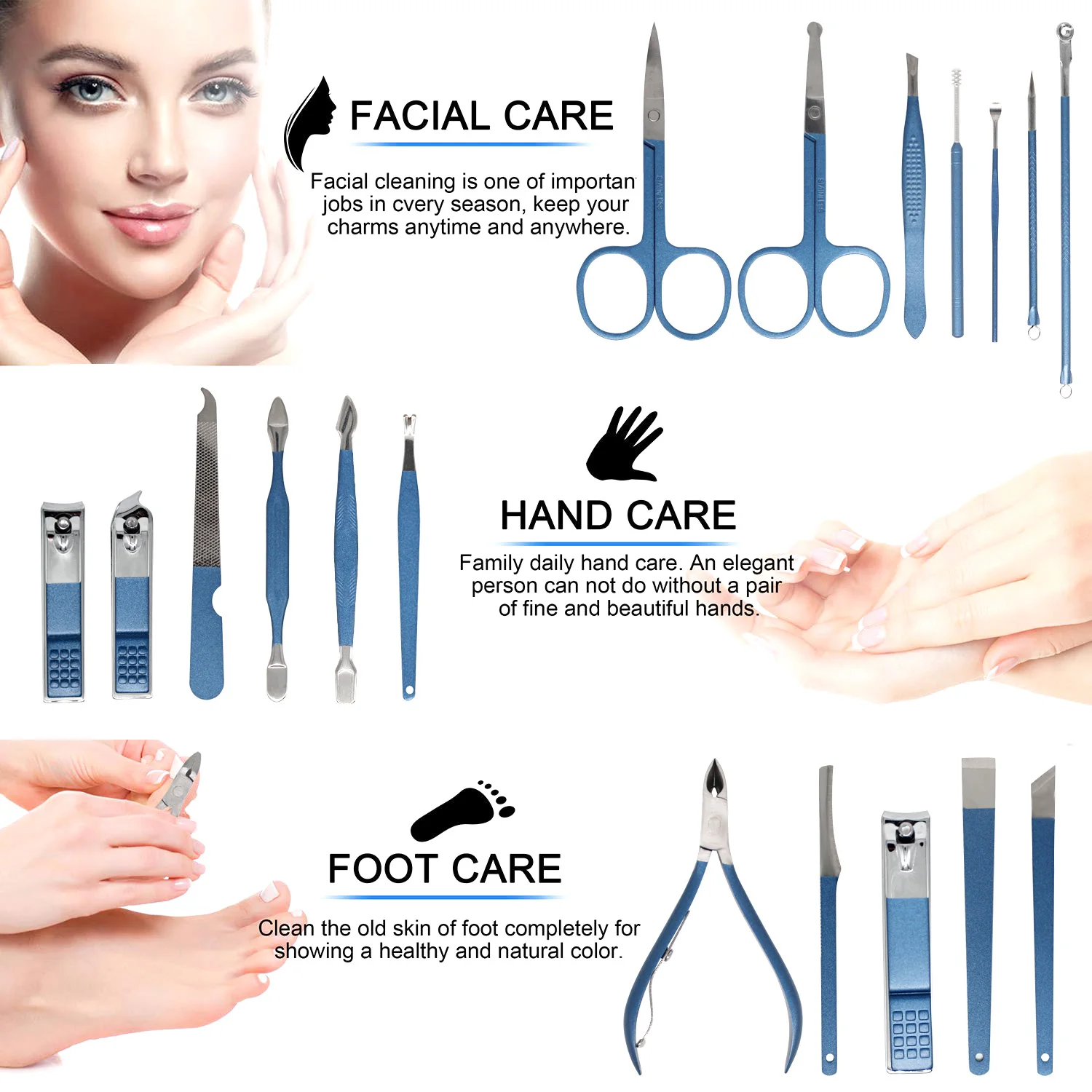 Zestaw do pedicure ze stali nierdzewnej, nożyczki do paznokci, pilniki do paznokci, wykałaczki do uszu, pęsety, nożyczki do włosów w nosie, golarka do brwi, (niebieski)