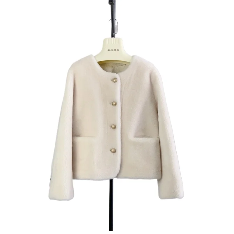 

Tajiyane 100% овечья куртка для женщин, осенне-зимнее короткое шерстяное пальто, женская одежда, корейская мода, шуба с круглым вырезом