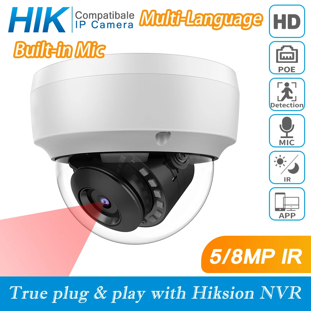 Hikvision Compatible Mini Camera 4K 8MP Webcam 5MP Dome IR Cut Audio Alarm Built-in Mic Video Surveillance Home Security Detect