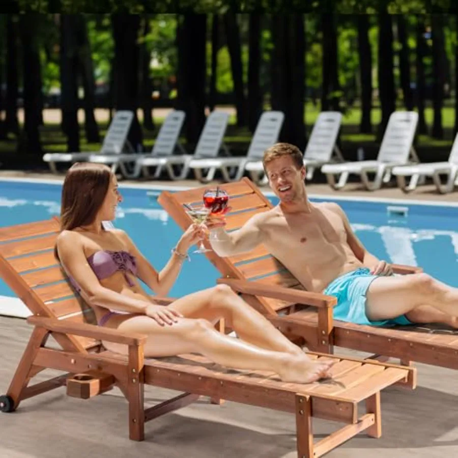 Outdoor Chaise Lounge Chair for poolside beach sunbathing, wooden construction, brown color, adjustable backrest with cup holde