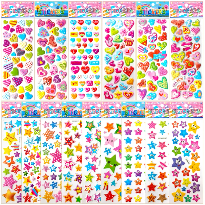 Random Heart Star Style Stickers 6/12 Sheets 3D Puffy Reward Sticker Notebook Decoration Birthday Festival Gift for Girl Boy ZYF