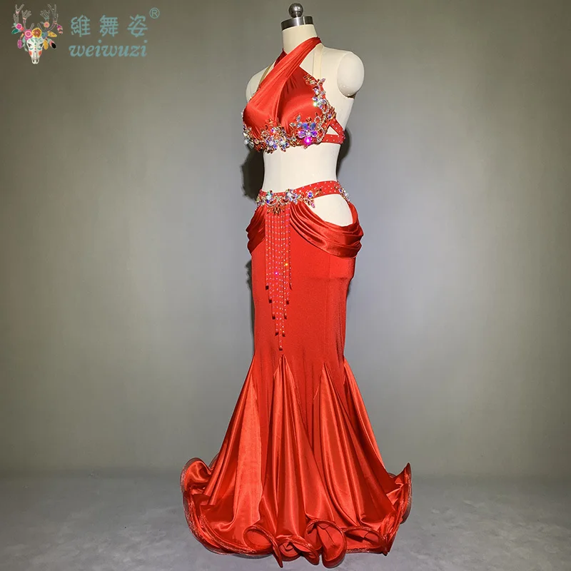New Belly Dance Performance Costume for Women Custom Senior Bra+fish Tail Long Skirt 2pcs Pop Song Suit Oriental Dancing Outfit