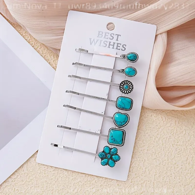 7pcs Chinese Style Turquoise Hair Clip Set Square Heart Flower Teardrop Blue White Barrettes Elegant Hair Accessories for