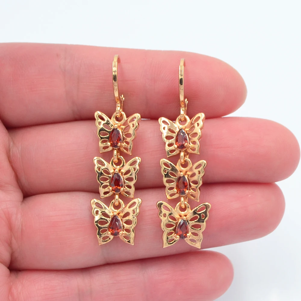 Gold Color Women Fashion Adorable Pink Zirconia CZ Butterfly Dangle Earrings Jewelry