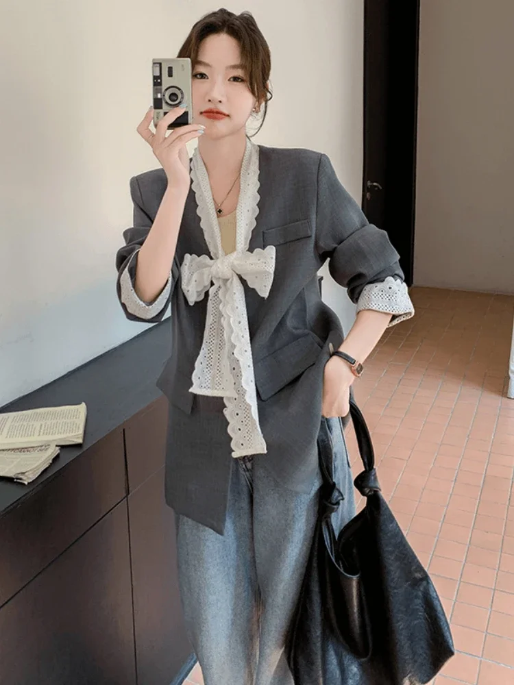 

Spring New Women's Commuting Style Suit Jacket OL Professional Style Patchwork Lace Edge Casual Temperament Office Women's Coat