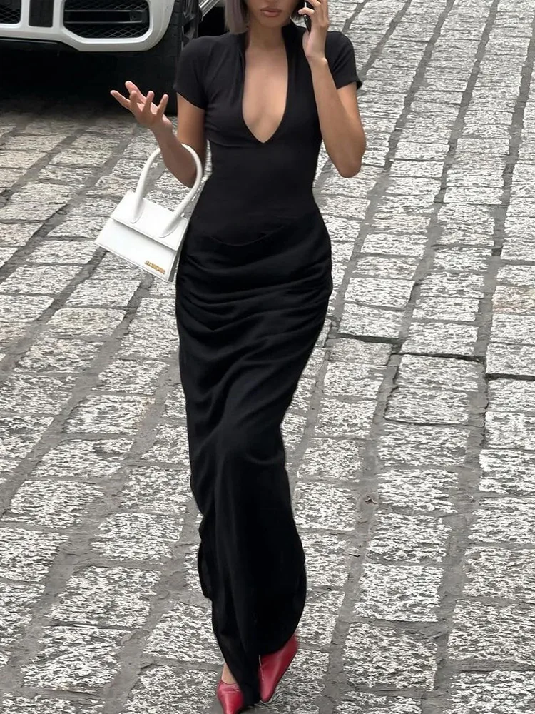 

Summer New Women's Sexy Deep V Dress Solid Color Short Sleeve Spicy Style Pleated Dresses For Woman Party Slit Skirt Long Dress