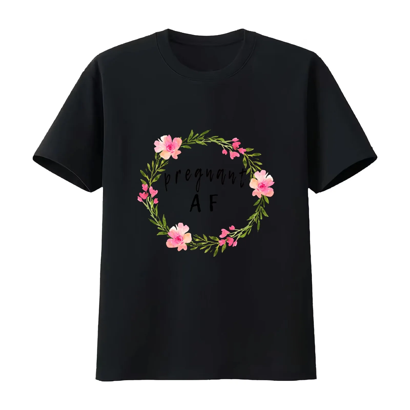 Pregnant Af Preggers Maternity Pregnancy Announcement with Floral Watercolor Wreath T-Shirt Summer Casual Cotton Tee
