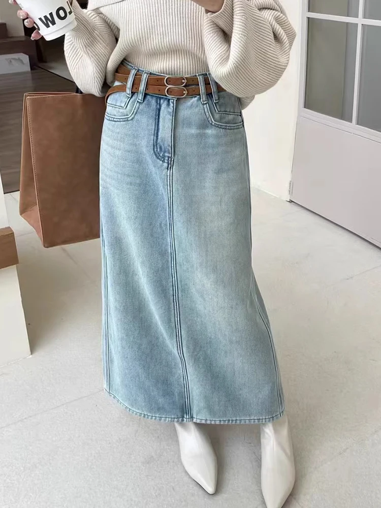 Vintage Harajuku Washed Jeans Skirts Women Loose Casual Back Split High Waist Denim Skirts Y2K Korean Fashion Long Skirts Female