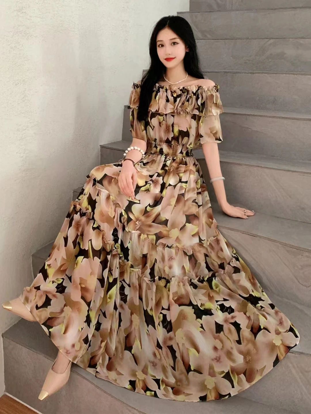 2024 New Summer Women Sexy Slash Neck Short Sleeve Slim Long Dress Fashion Patchwork Big Hem Sweet Ruffles Floral Dress