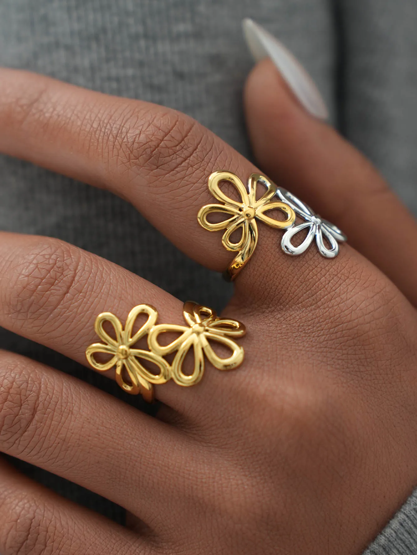 

Irregular Flower Geometric Hollow Adjustable Open Rings For Women Stainless Steel Metal Trendy Charm Jewelry Accessories Gift