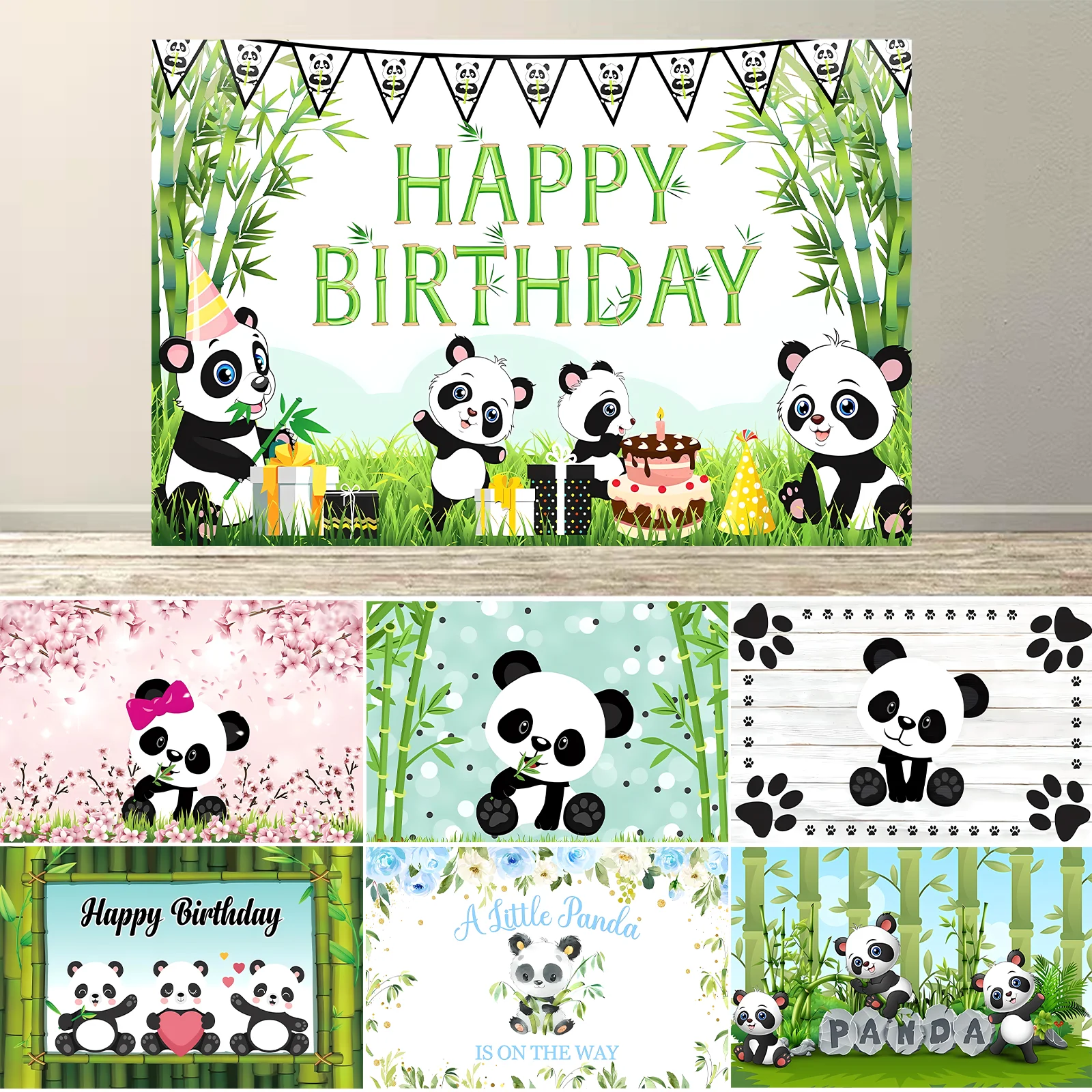 

Cute Cartoon Panda Backdrop Bamboo Flower Panda Theme BirthdayParty Baby Shower Decor Photography Background Banner Photo Custom
