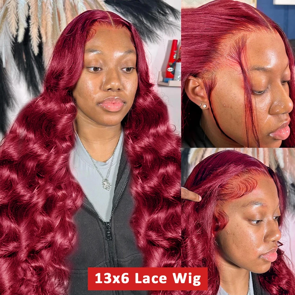 Perruque Lace Front Wig Body Wave Naturelle Bordeaux 99J, Cheveux Humains, 13x6, 30 40 Pouces, 13x4, Pre-Plucked, Transparent HD, pour Femme