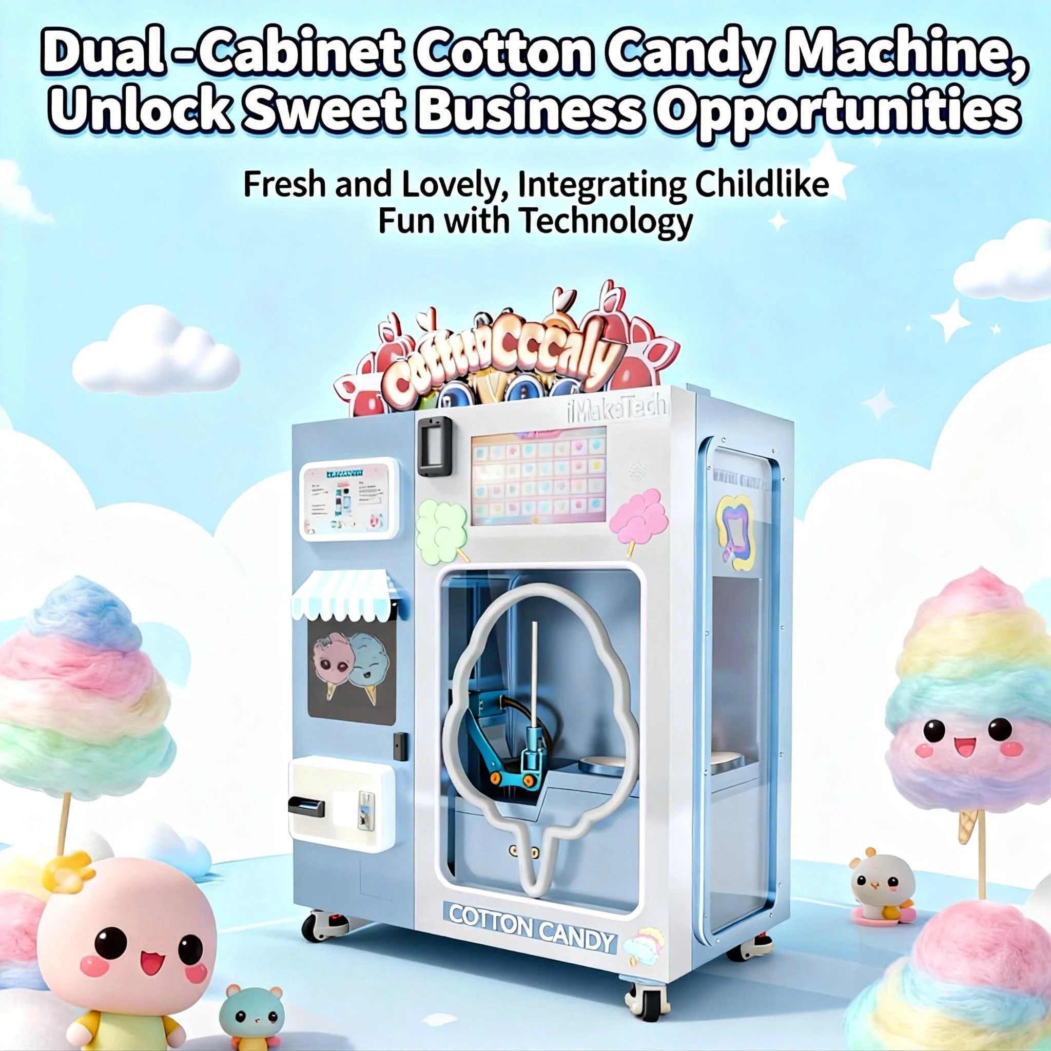 Intelligent Dual-Chamber Metal Cotton Candy Vending Machine Touchscreen SDK Enabled Customizable Color Multiple Options OEM