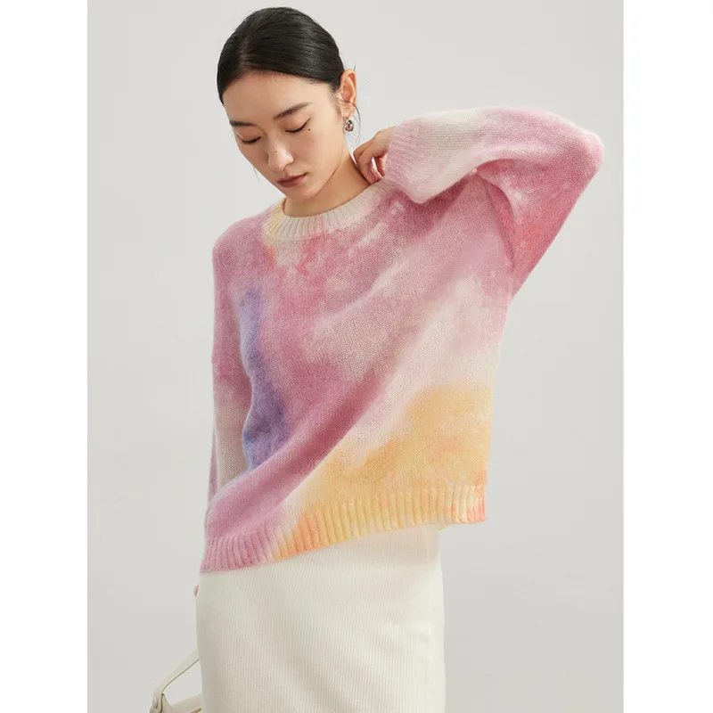  Tie Dye 30%Wool Mohair Sweater Women Round Neck Loose Fluffy Soft Pink Pullovers Tops