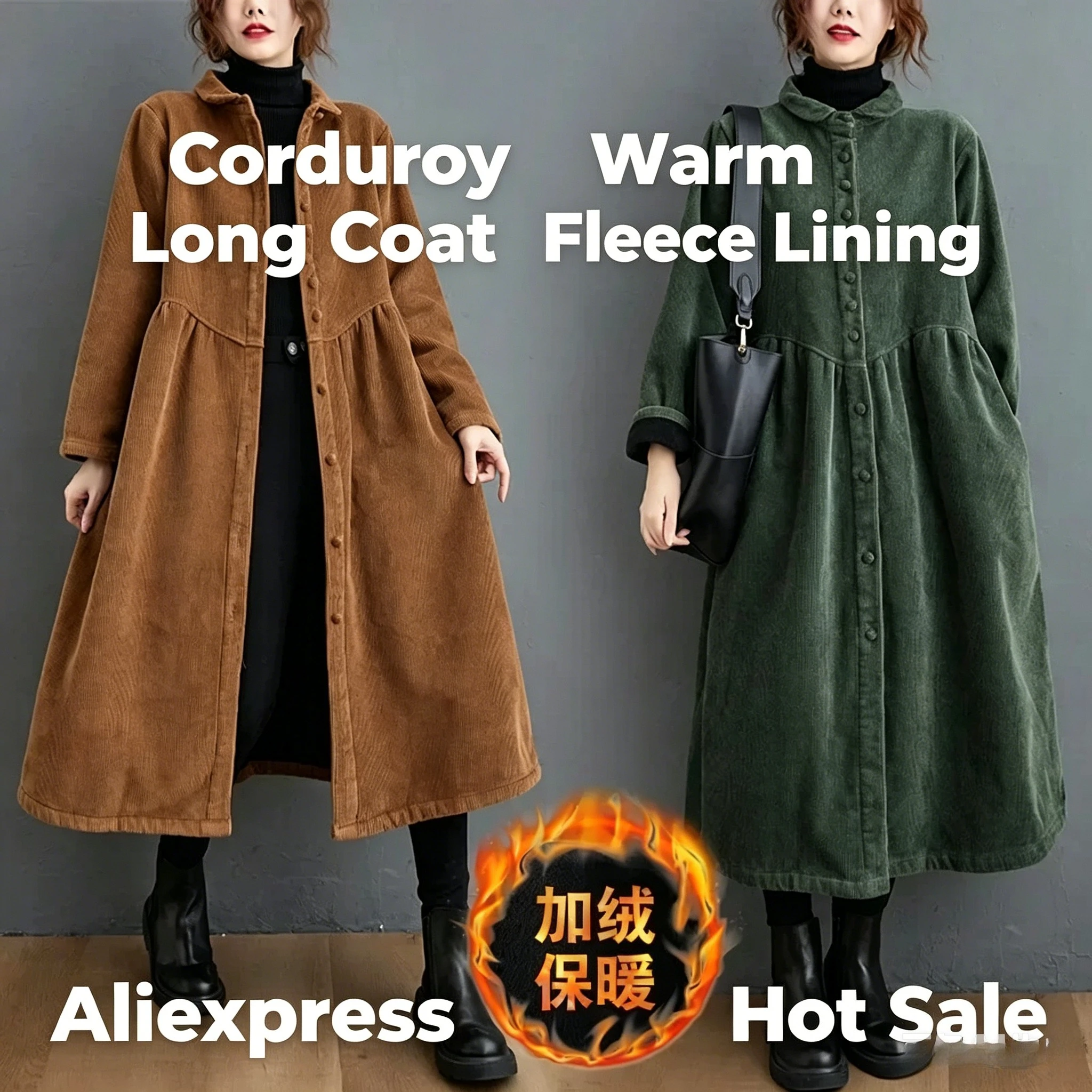 DAILOU 2024 Winter Women Trench Fleece Long-sleeved Loose Corduroy Solid Color Vintage Fashion Casual Women Long Warm Coat