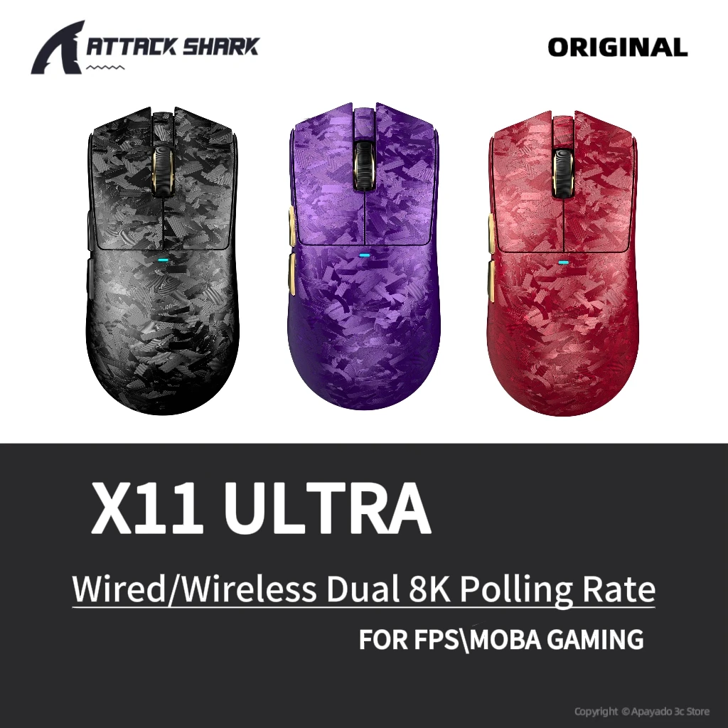 ATTACK SHARK X11Ultra Wired/Wireless 8K Mouse Nordic 54L15 MCU-42000DPI-PAW3950MAX Sensor-Composite Carbon Fiber Design