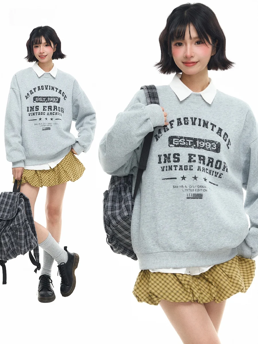 

Sanowers American Retro Letter Print round Ne Sweatirt Women's Spring Autumn Loose College Sle Couple Casual Top