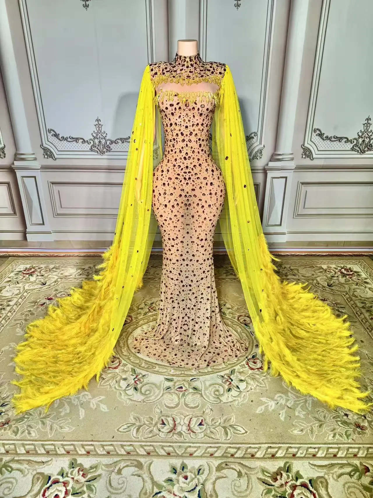 

Sexy Stage Sparkly Rhinestones Mesh Feather Dress Prom Gown Evening See Through Crystals Birthday Dress Party Dress plus size