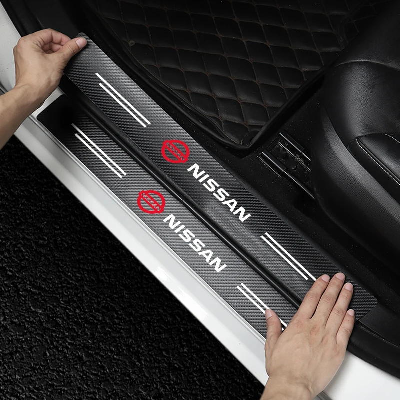 4PCS Carbon Fiber Leather Car Door Sill Strip Badge Sticker for Nissan Teana Nismo Sylphy Qashqai GTR Juke X-trail Tiida Ariya