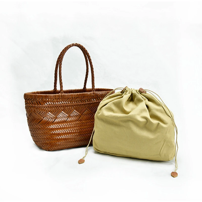 French Woven Leather Tote Bag For Women Large Capacity Cowhide Vegetable Basket Bag Retro Elegant Luxury Drawstring Shoulder Bag