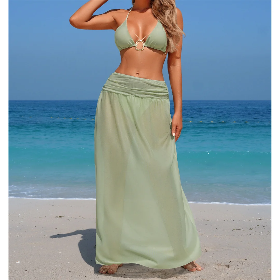 Mit Rock, Neckholder, Metallring, Bikini, Damen-Badeanzug, dreiteiliges Bikini-Set, Damen-Badebekleidung, gepolsterter Badeanzug, Badeanzug, Schwimmanzug V7236 – Detail 3