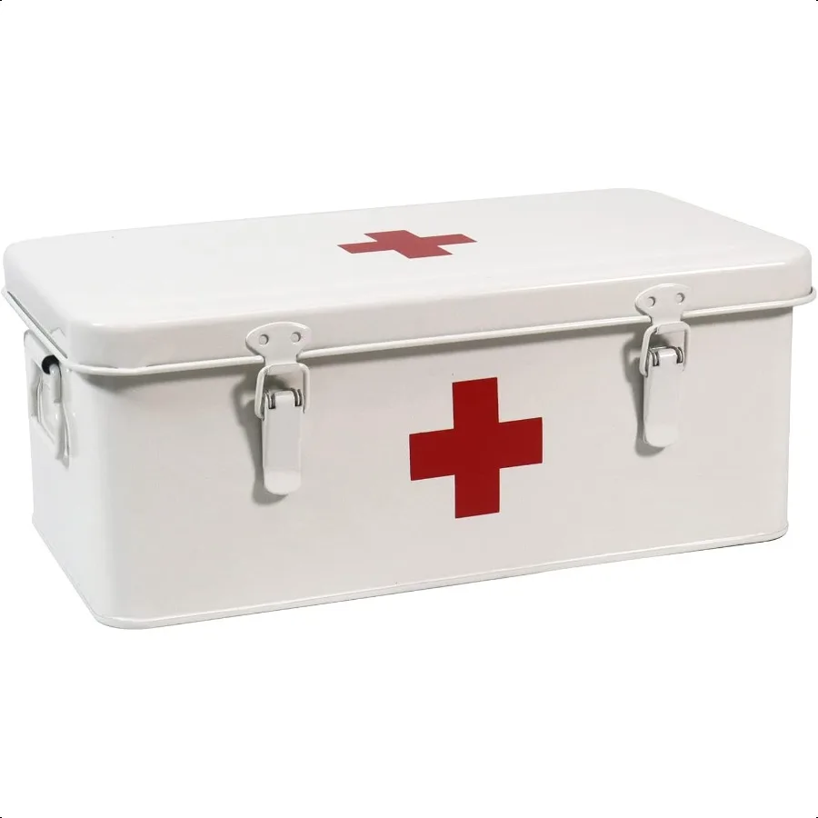 First Aid Medicine Box First Aid Kit plies Bin Metal Medicine Storage Tin First Aid Empty Box with Safety Lock for Home Emergen