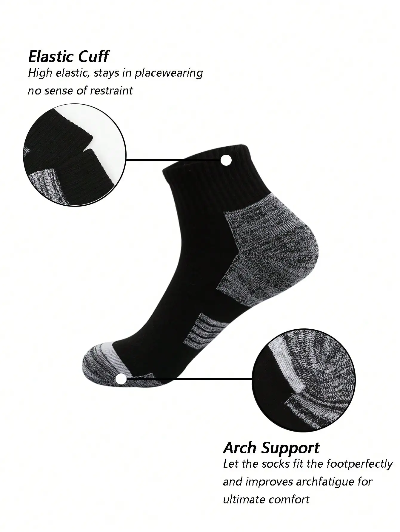 

Мужские черно-серые спортивные носки до щиколотки, упаковка 6/12 — эластичные манжеты, нескользящие, поддерживающие свод стопы, идеально подходят для бега и повседневного использования