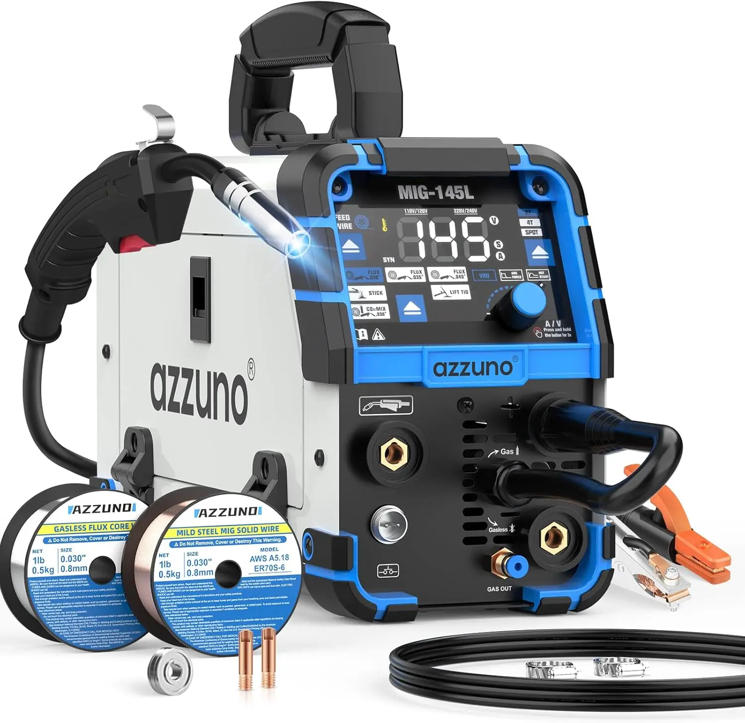 

145A 4 in 1 MIG Welder, 110V/220V Dual Voltage, Gas/Gasless Flux Core/Lift TIG/Stick, Synergic Wire Feed Welder