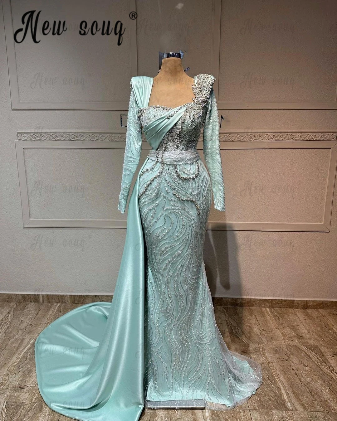 Robe de soirée turquoise à manches longues pour mariage, robes de Rhformelles, train latéral, mode arabe élégante, Dubaï, 2024