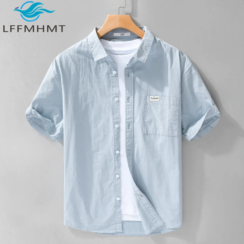 315 Solid Color Shirt For Men Summer Fashion Short Sleeve Chest Pocket Simple Basic Comfortable Pure Cotton Classical Daily Tops