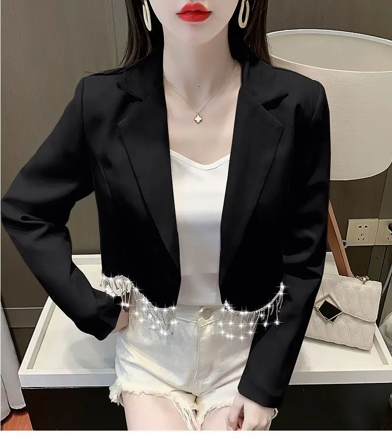 Women\'s Small Suit Blazer with Tassels and Diamonds, Short Coat, Slim High Waist Casual Jacket, Summer