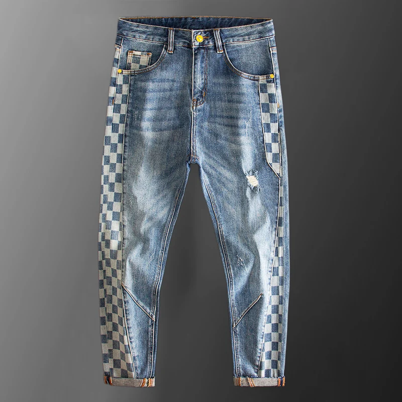 

Fall Blue Jean Men Trend Plaid Print Jean Pant Slim Fit Jean Fashion High-end European Hip Hop Denim Pants Vaqueros Hombre