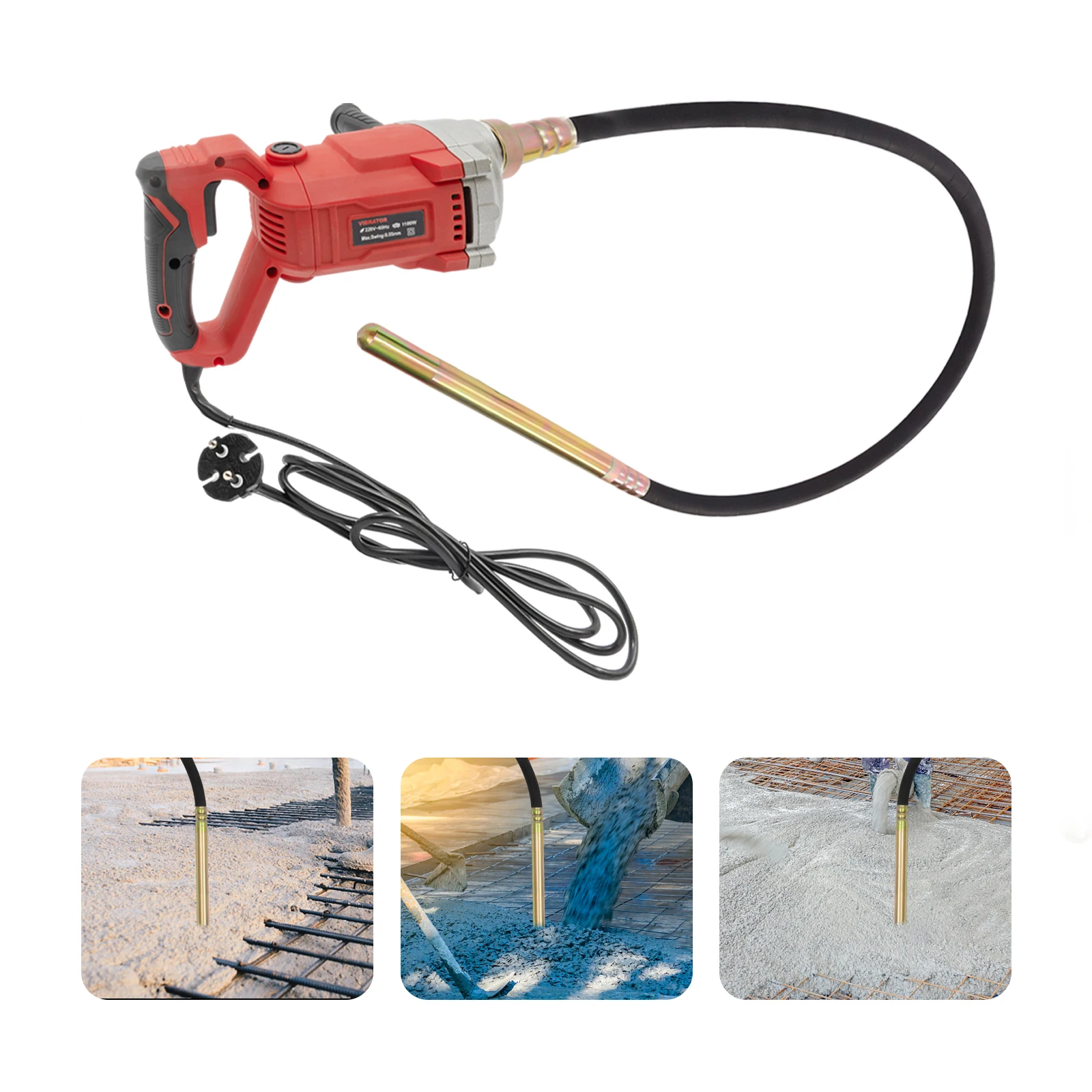 Vibrateur à béton électrique portable, 1100 W 220 V avec barre ondulée de 6,6 pieds/2 m, outil pour béton, vibrateur à béton portatif