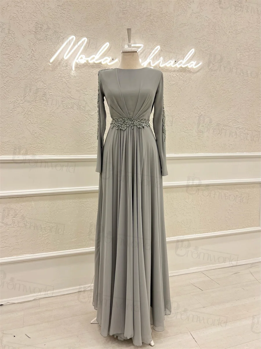 Elegant A-Line Muslim Evening Gowns Chiffon Beaded Long Sleeves Formal Dress 2024 Arabic Dubai Wedding Guest Dresses for Women