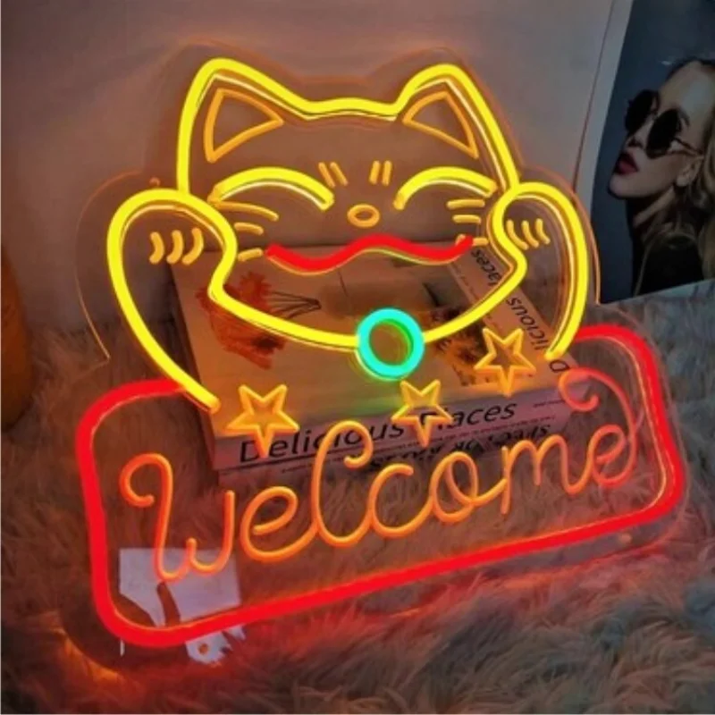 

Добро пожаловать светодиодный неоновый знак Lucky Cat Добро пожаловать светодиодный неоновый свет с регулируемой яркостью для клуба, супермаркета, магазина, ресторана, бара, декор, подарки на открытие