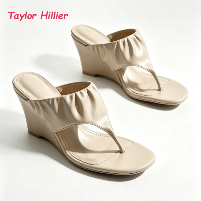 Ruched Thong Wedge Mule Women Fashion Round Open Toe Slip On Outdoor Summer 2026 New Stylis Daily Commute Casual Sandals