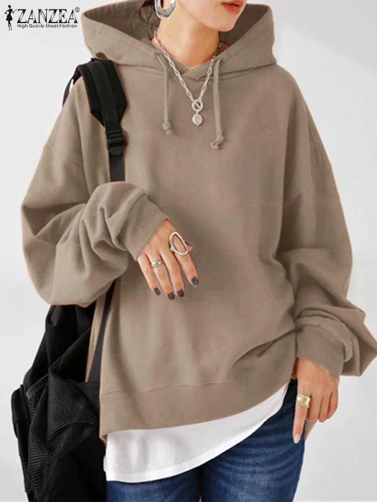 ZANZEA Modne jesienne bluzy Stylowe bluzy z kapturem Oversize Luźne bluzy z kapturem Kobiety Dorywczo Solidny czarny sweter Streetwear