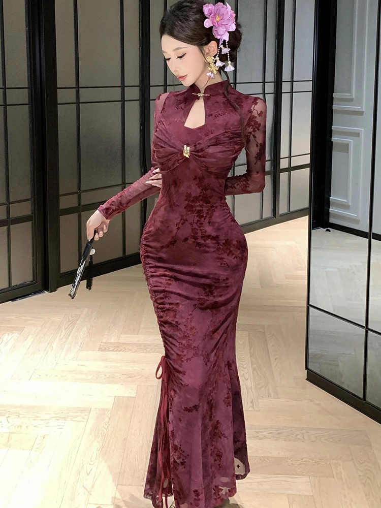 2025 purpld floral manga longa gola vestido longo feminino elegante chique arco fenda vestido outono inverno coreano bodycon vestido de baile