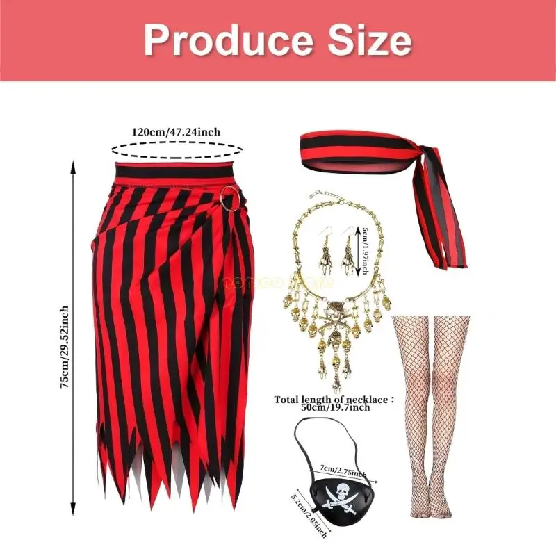 31BF Pirate Cosplay Accessory with Dress Headscarf Eye Patches Earrings Necklace Stocking for Women Halloween Cosplay