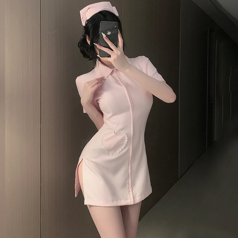 Plus Size Sexy Nurse Cosplay Costume Front Zipper Mini Dress Lace Pocket Side Slit Uniform Women Halloween Party Roleplay Outfit view 5