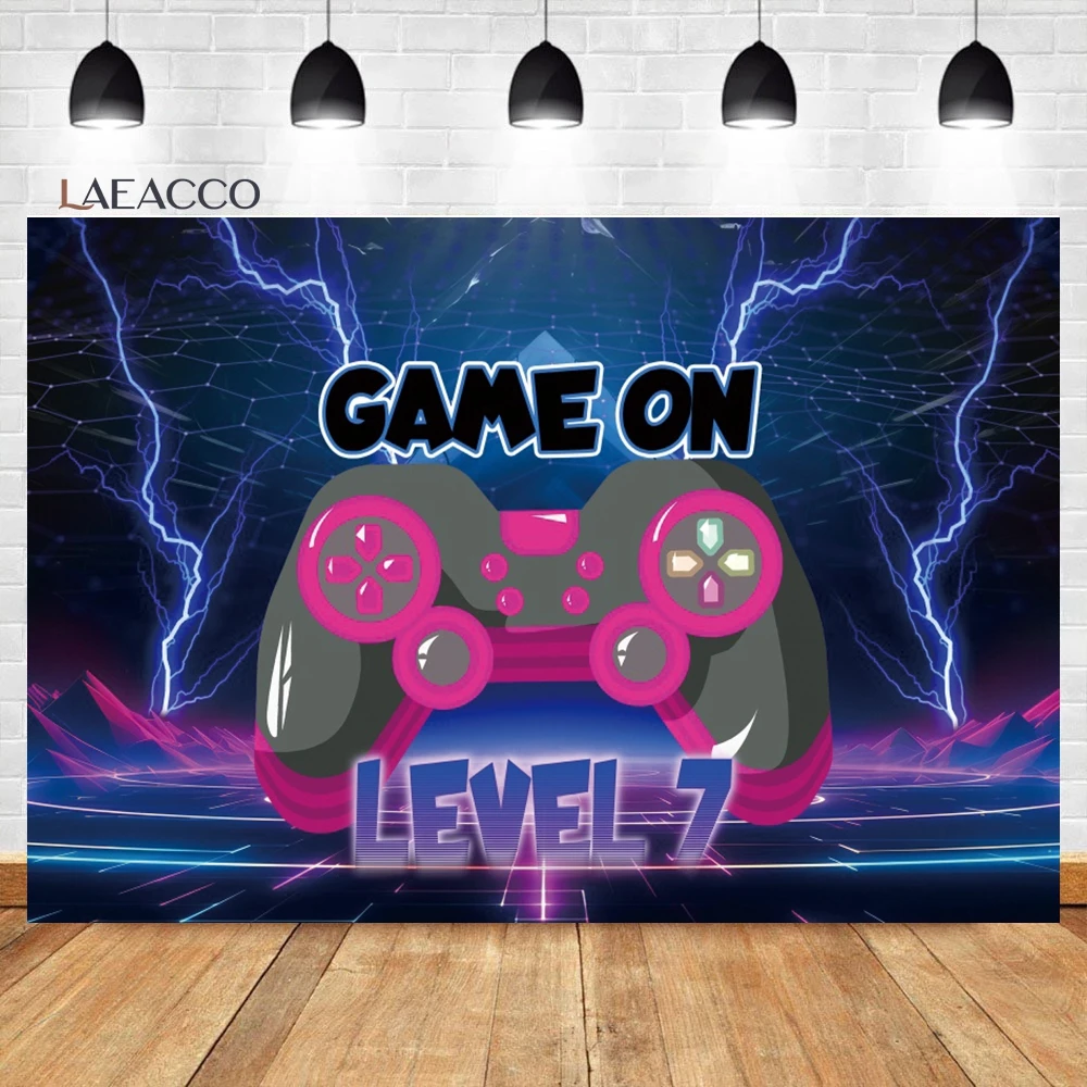 Laeacco Game On Backdrop Video Game Boys Birthday Photography Background Blue Lightning Baby Shower Portrait Customized Backdrop