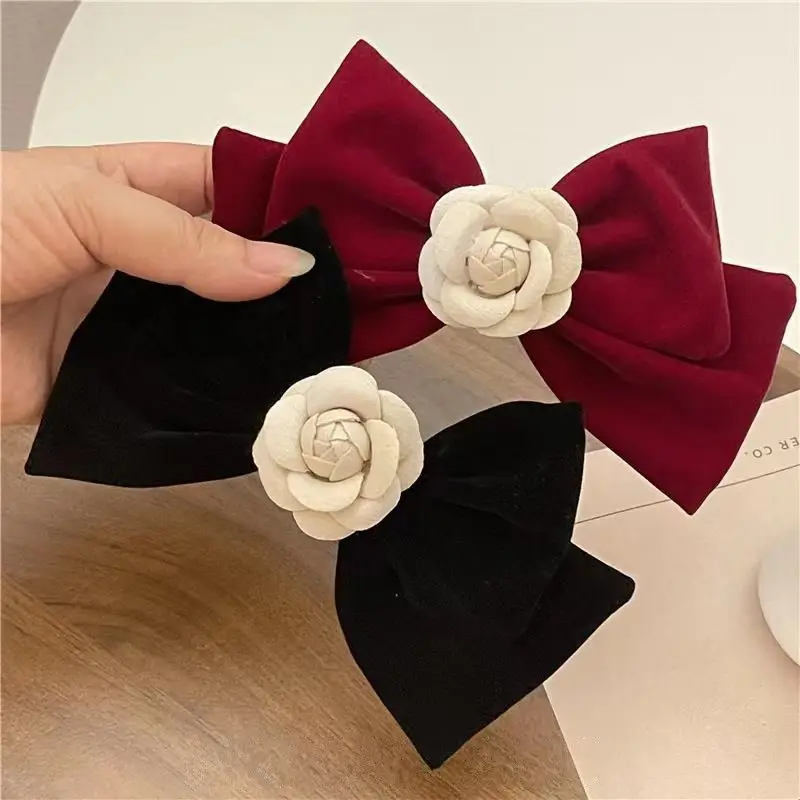 

Three-dimensional Camellia Bow Hair Clip Women's Half Tie Princess Head Vintage Velvet Clip Fashion Temperament Hair Accessories