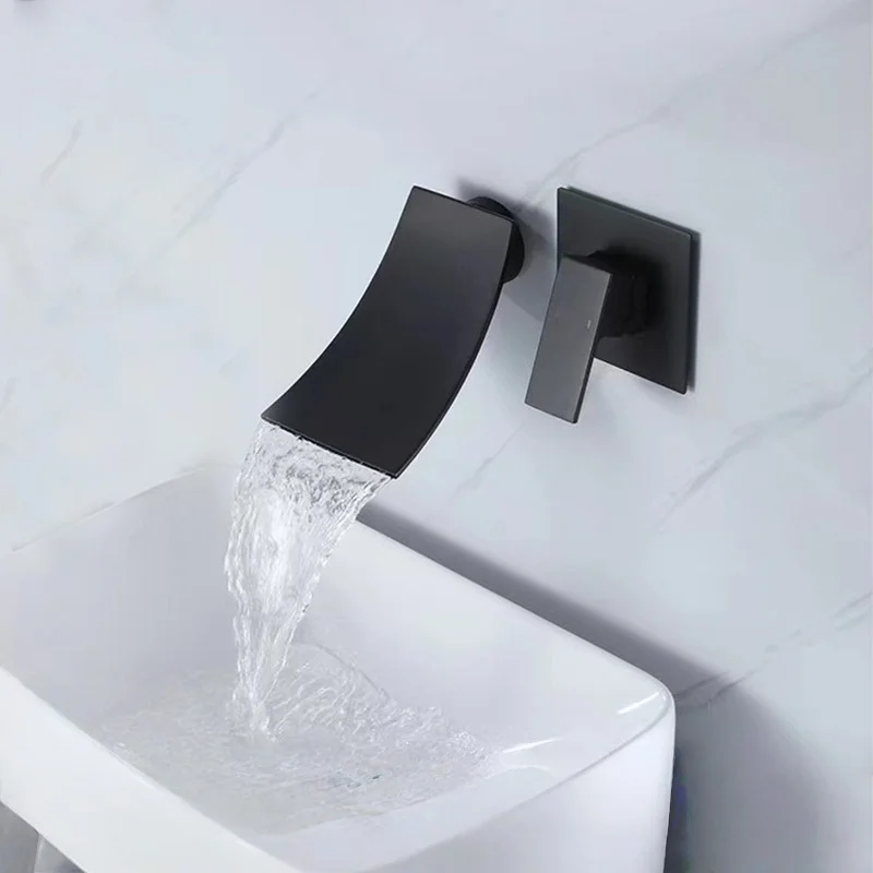

Embedded black bathroom faucet wall-mounted Waterfall faucet 2 holes Brushed Basin Faucet sink hot & cold Lavotry faucet faucet