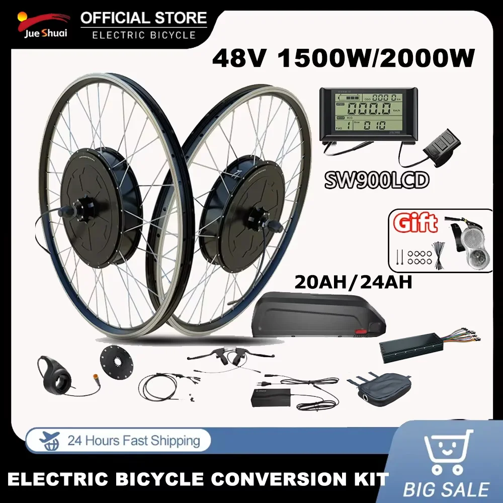 Electric Bike Conversion Kit 48V 1500W/2000W/3000W Brushless Gearless Hub Motor Wheel Kit with Battery 26"-29"700C Wheel Size
