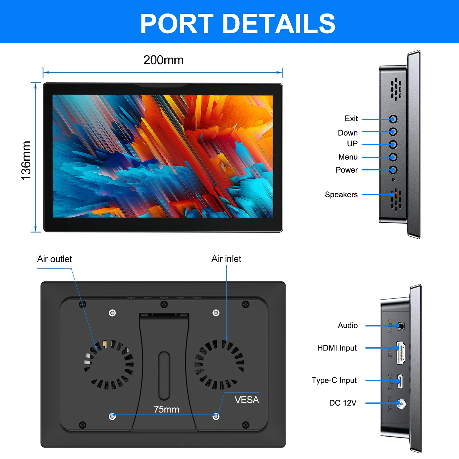 8-calowy monitor Raspberry Pi 5 4 Wyświetlacz LCD 1280x800 16:10 Ekran dotykowy HDMI USB dla DIY Pi 4 3 Wbudowane wentylatory Głośnik