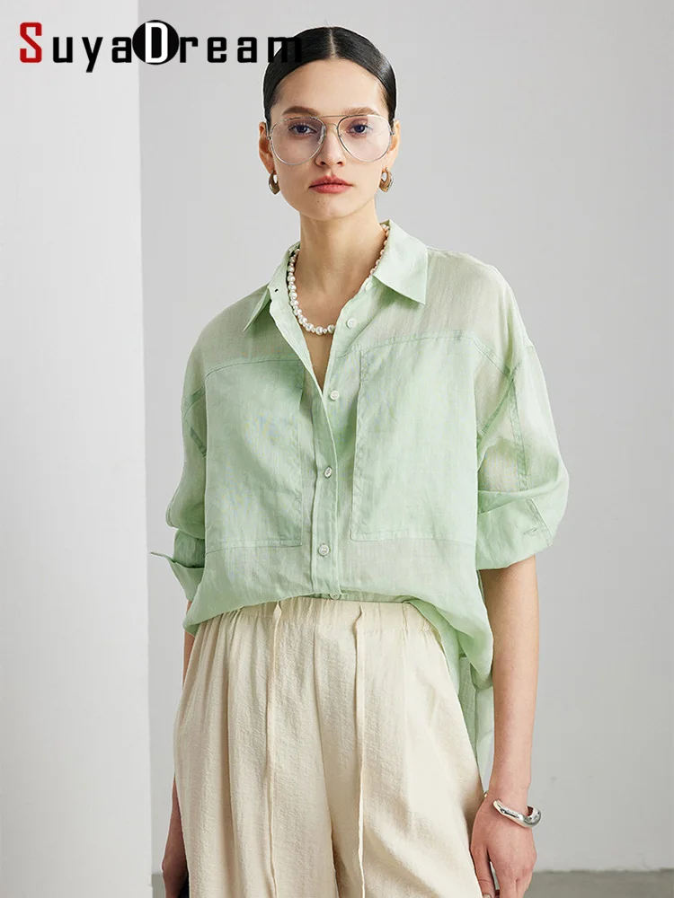 

SuyaDream,Woman Loose Shirts, 100%Ramie, Turn Down Collar, Solid Chic Blouses, 2025 Spring Summer Cozy Top, Green, White